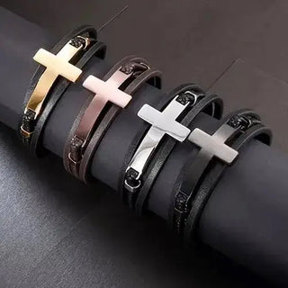Glen Ogal Brown & Rose Gold Multi-Layer Cross Leather Bracelet