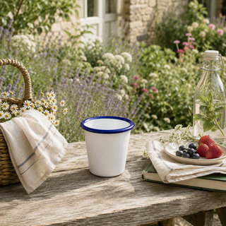 Falcon Enamel Tumbler | White Enamel Cup with Blue Rim