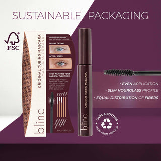 Blinc mascara with packaging and sustainability features on a purple background - Pangolins