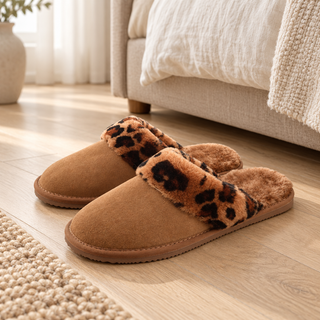 Suede Mule Slippers with Sheepskin Lining & Collar