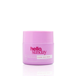 Pink jar of 'hello sunday' recovery glow face mask on a white background