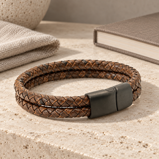 Dalaco Men’s Brown Plaited Leather Bracelet | Double Strand Leather Bracelet Gift