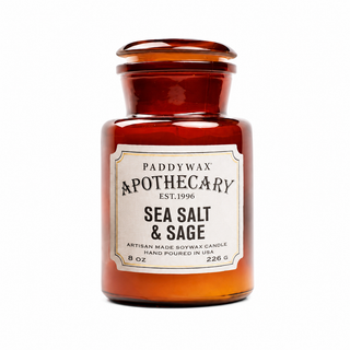 Paddywax Apothecary Sea Salt & Sage candle in amber jar on white background - Pangolins