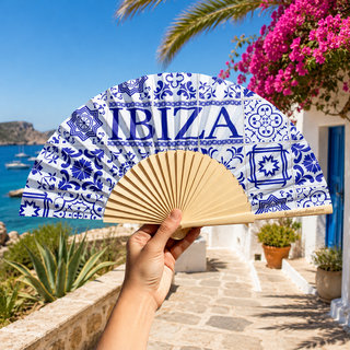Fantastico Fans Ibiza Hand Fan | Blue & White Tile Design