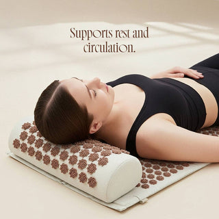 Woman lying on an acupressure mat with text 'Supports rest and circulation.' - Pangolins