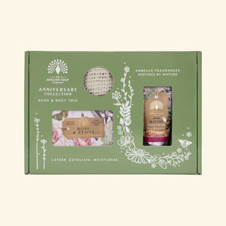 The English Soap Company Anniversary Rose & Peony Hand & Body Gift Set – Soap 190g, Hand Cream 75ml & Soap Saver Pouch