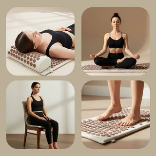 Woman using an acupressure mat in various poses on a beige background - Pangolins