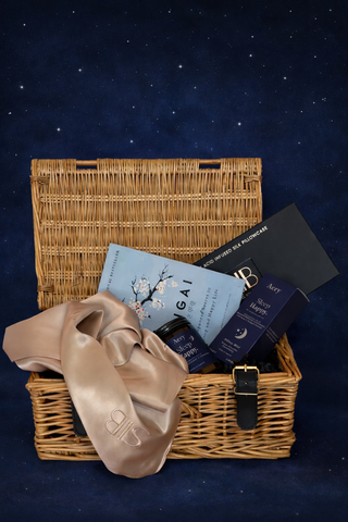 Wicker hamper with a Champagne silk pillowcase, Ikigai book, pillowcase box, candle and sleep spray  Pangolins