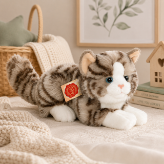 Hermann Teddy Grey Tabby Lying Cat Soft Toy – 20cm Plush Cat