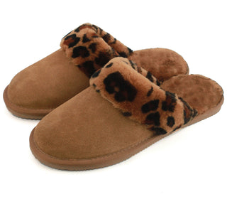 A pair of brown slip-on slippers with plush leopard-print trim, shown on a plain white background.