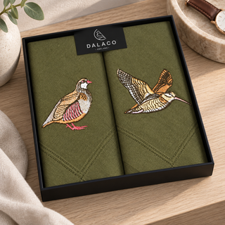 Dalaco Woodcock & Partridge Embroidered Cotton Handkerchief Gift Set | Men’s Handkerchiefs