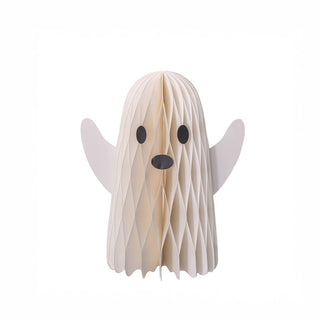 A ghost-shaped decorative object made of layered honeycomb-style panels, shown on a plain white background. The ghost has small black oval eyes, a dark oval nose, and translucent white wings.