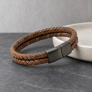 Dalaco Men’s Brown Plaited Leather Bracelet | Double Strand Leather Bracelet Gift