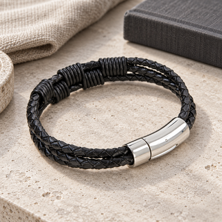 Dalaco Men’s Black Leather Triple Wrap Bracelet | Braided Leather Bracelet Gift