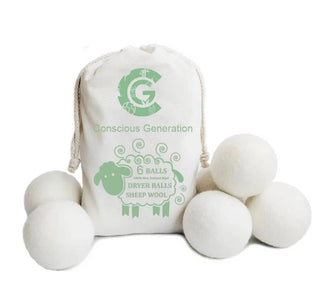 6 white Wool Dryer Balls with Cotton Storage Bag - Pangolins