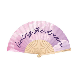 Handheld fan with pink and purple design and 'Living the dream' text on a white background - Pangolins