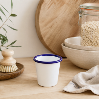 Falcon Enamel Tumbler | White Enamel Cup with Blue Rim