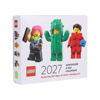 LEGO 2027 minifigure calendar packaging with three colorful minifigures on a white background.