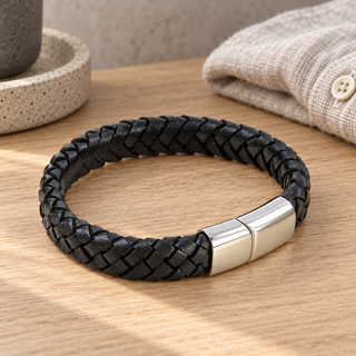 Dalaco Men’s Black Leather Bracelet with Magnetic Clasp | Engravable Leather Gift