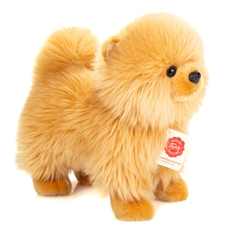 A fluffy golden Pomeranian plush toy with black eyes and a white hangtag featuring a red logo, photographed on a clean white background.