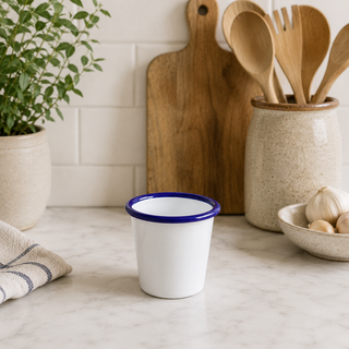 Falcon Enamel Tumbler | White Enamel Cup with Blue Rim