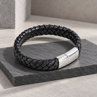 Dalaco Men’s Black Leather Bracelet with Magnetic Clasp | Engravable Leather Gift