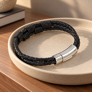Dalaco Men’s Black Leather Triple Wrap Bracelet | Braided Leather Bracelet Gift