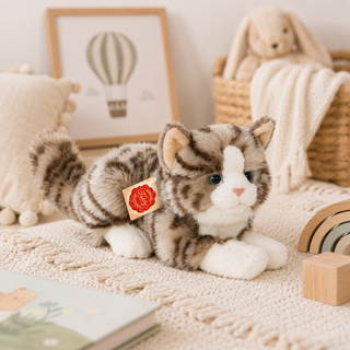Hermann Teddy Grey Tabby Lying Cat Soft Toy – 20cm Plush Cat