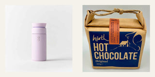 Purple tumbler next to a box of hārth Hot Chocolate on a white background - Pangolins