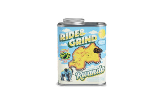Canister of coffee beans labeled 'Ride & Grind Rwanda' on a white background
