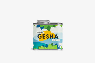 Can of Colombia Gesha coffee on a white background
