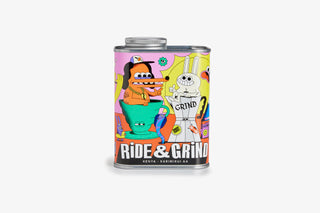 Colorful can of coffee beans with cartoon characters and 'Ride & Grind' branding on a white background
