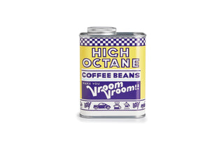Can of 'High Octane Coffee Beans' with checkered pattern on a white background