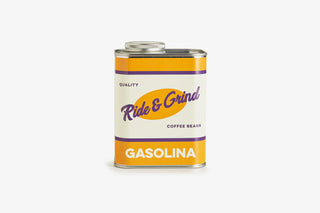 Canister labeled 'Ride & Grind Gasolina' on a white background