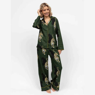Cyberjammies Olive Leopard Print Pyjama Set | Women’s Cotton Blend Nightwear