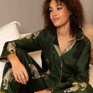 Cyberjammies Olive Leopard Print Pyjama Set | Women’s Cotton Blend Nightwear