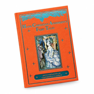 A hardcover book titled "Hans Christian Andersen's Fairy Tales" with a bright orange cover, blue decorative border and text, and a central illustrated scene showing a fairy tale character. The cover also reads "Bath Treasury of Children's Classics.