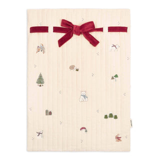 Avery Row Christmas embroidered Christmas sack in Beige organic fabric with Christmas-themed patterns and a red velvet bow on a white background