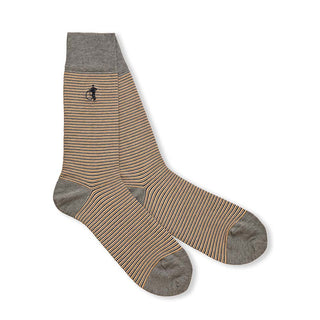 Pair of striped socks with a logo on a white background