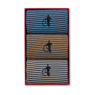 A London Sock Company pack three-pack of striped dress socks in a red gift box, featuring a blue and navy top sock, a tan and brown middle sock, and a gray and navy bottom sock, each with a black embroidered logo.
