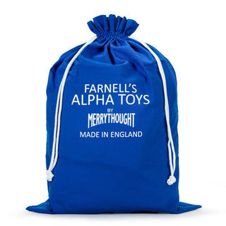 A royal blue drawstring bag with white cords and white printed text reading 'FARNELL'S ALPHA TOYS BY MERRYHOUGHT MADE IN ENGLAND' on a clean white background.