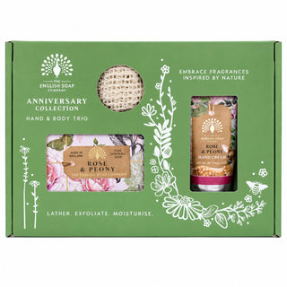 The English Soap Company Anniversary Rose & Peony Hand & Body Gift Set – Soap 190g, Hand Cream 75ml & Soap Saver Pouch