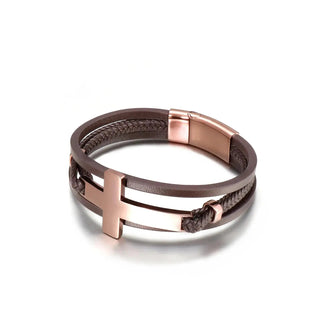 Glen Ogal Brown & Rose Gold Multi-Layer Cross Leather Bracelet
