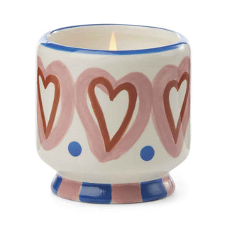A Dopo Hearts ceramic candle, ceramic painted pot with pink hearts and blue edges - Pangolins
