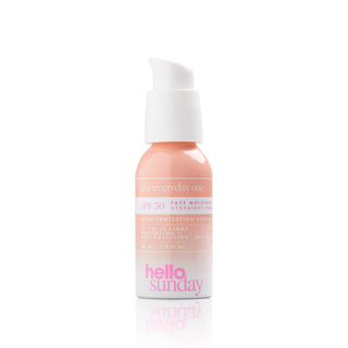 Skincare bottle with 'hello sunday' branding on a white background