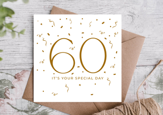 60th Birthday Card – Gold Confetti Wishes Card