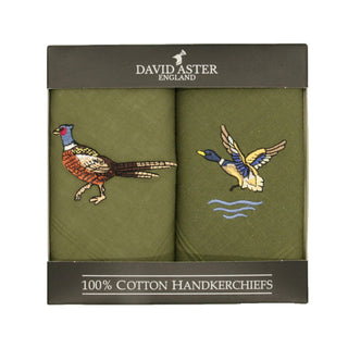 Pheasant & Duck Embroidered Green Handkerchief