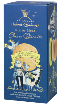 Box of Island Bakery Isle of Mull Cheese Biscuits with branding and product illustration on a blue background - Pangolins