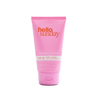 Pink 'hello sunday' body lotion tube on a white background