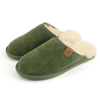 Pair of green slippers with white fur lining on a white background